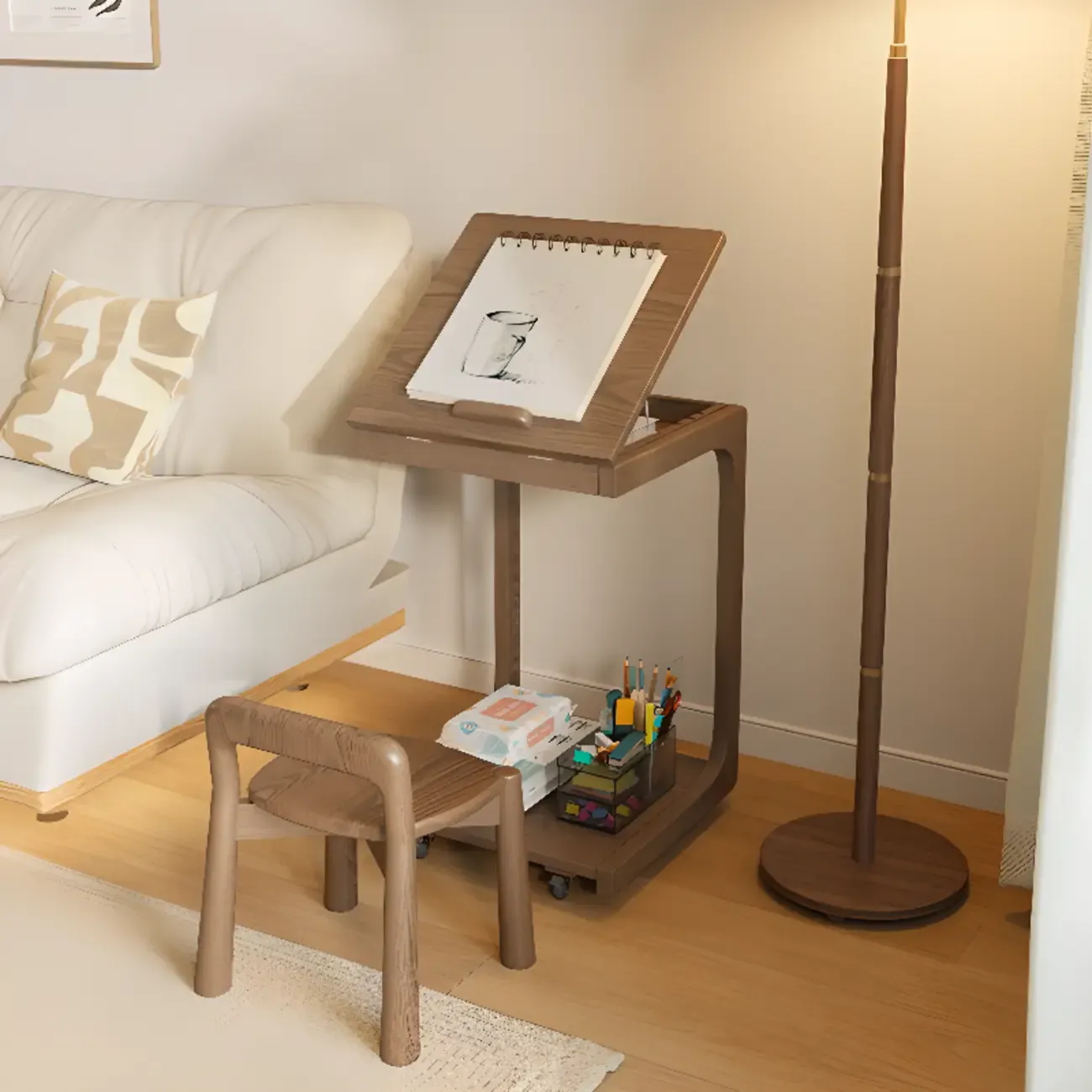 Scandinavian Wooden Flip-Top C-Shaped Side Table with Wheels Image - 4