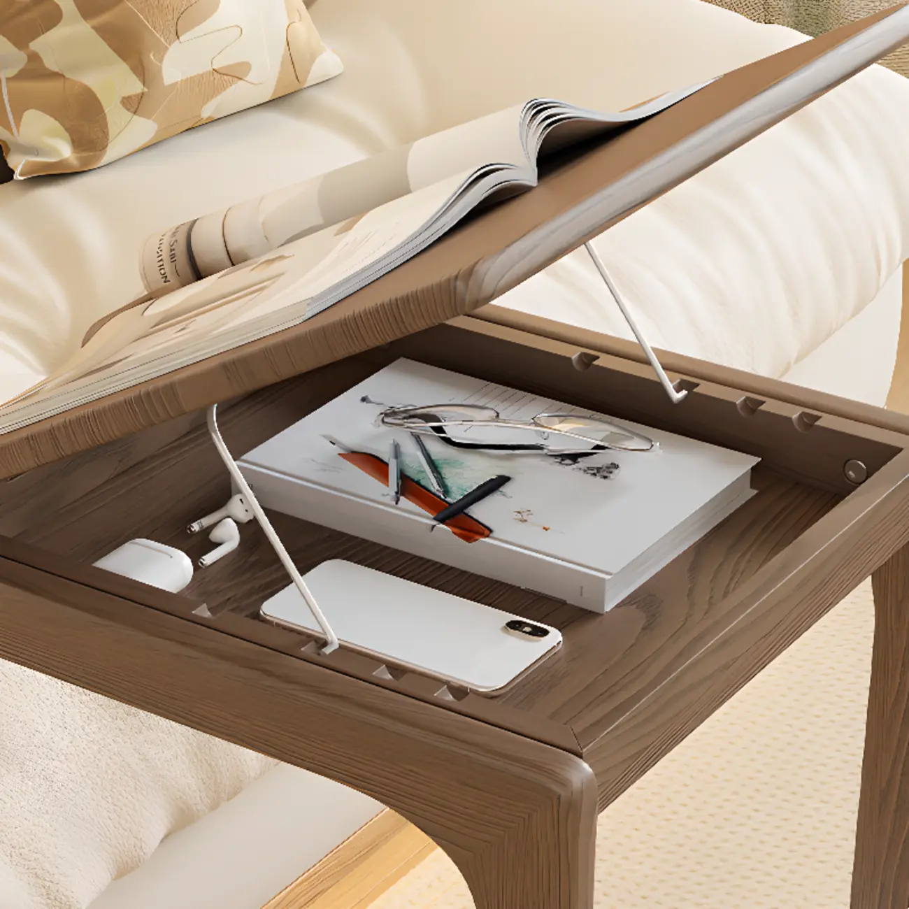 Scandinavian Wooden Flip-Top C-Shaped Side Table with Wheels Image - 8 | homeyfad