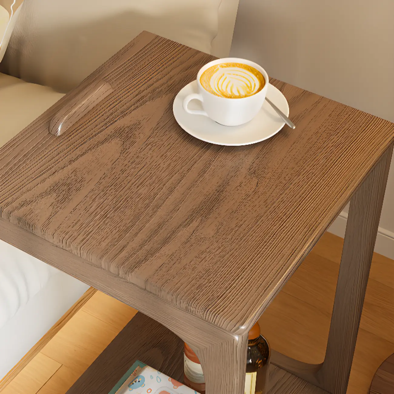 Scandinavian Wooden Flip-Top C-Shaped Side Table with Wheels Image - 15 | homeyfad