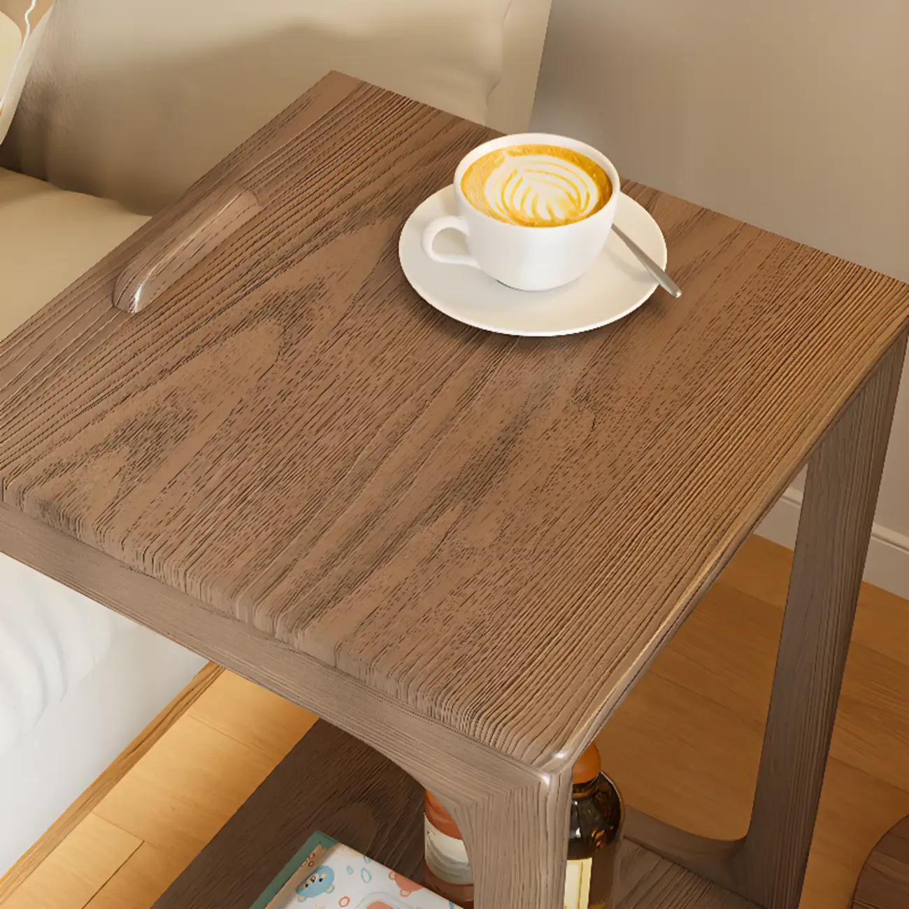 Scandinavian Wooden Flip-Top C-Shaped Side Table with Wheels Image - 15