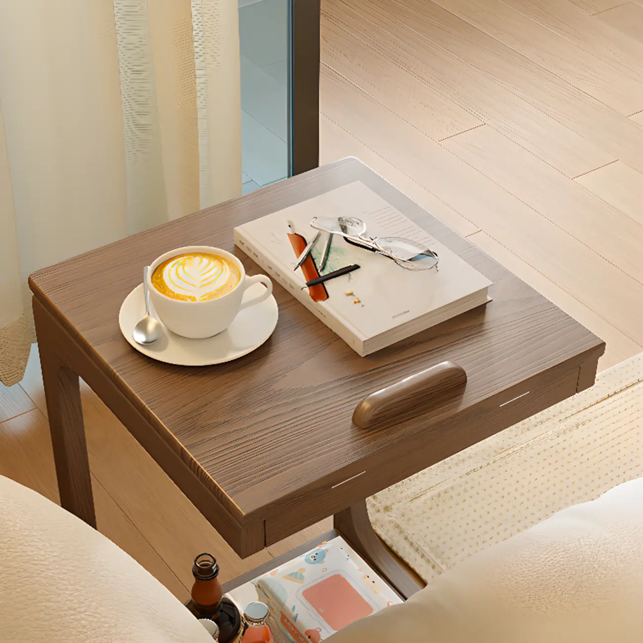 Scandinavian Wooden Flip-Top C-Shaped Side Table with Wheels Image - 11 | homeyfad