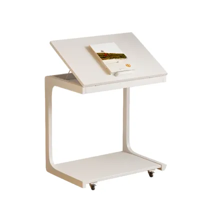 Scandinavian Wooden Flip-Top C-Shaped Side Table with Wheels Image - 12