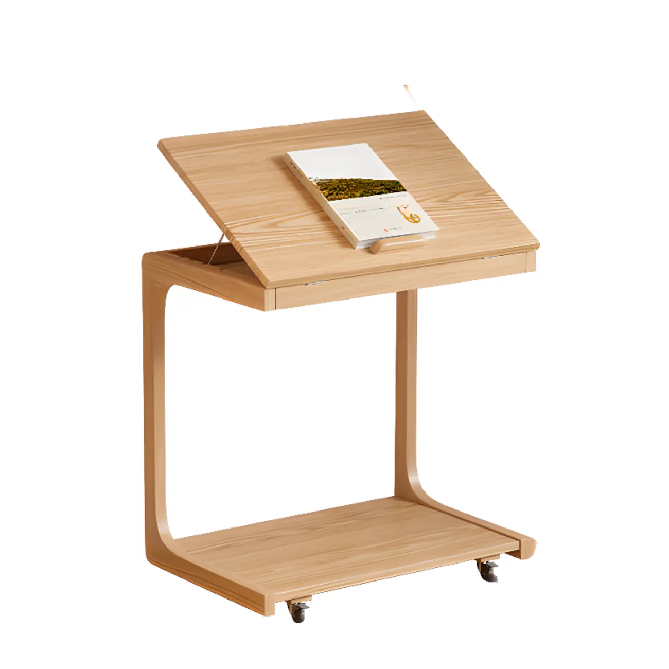 Scandinavian Wooden Flip-Top C-Shaped Side Table with Wheels Image - 10 | homeyfad