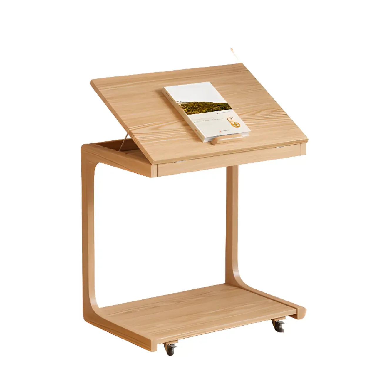 Scandinavian Wooden Flip-Top C-Shaped Side Table with Wheels | HomeyFad