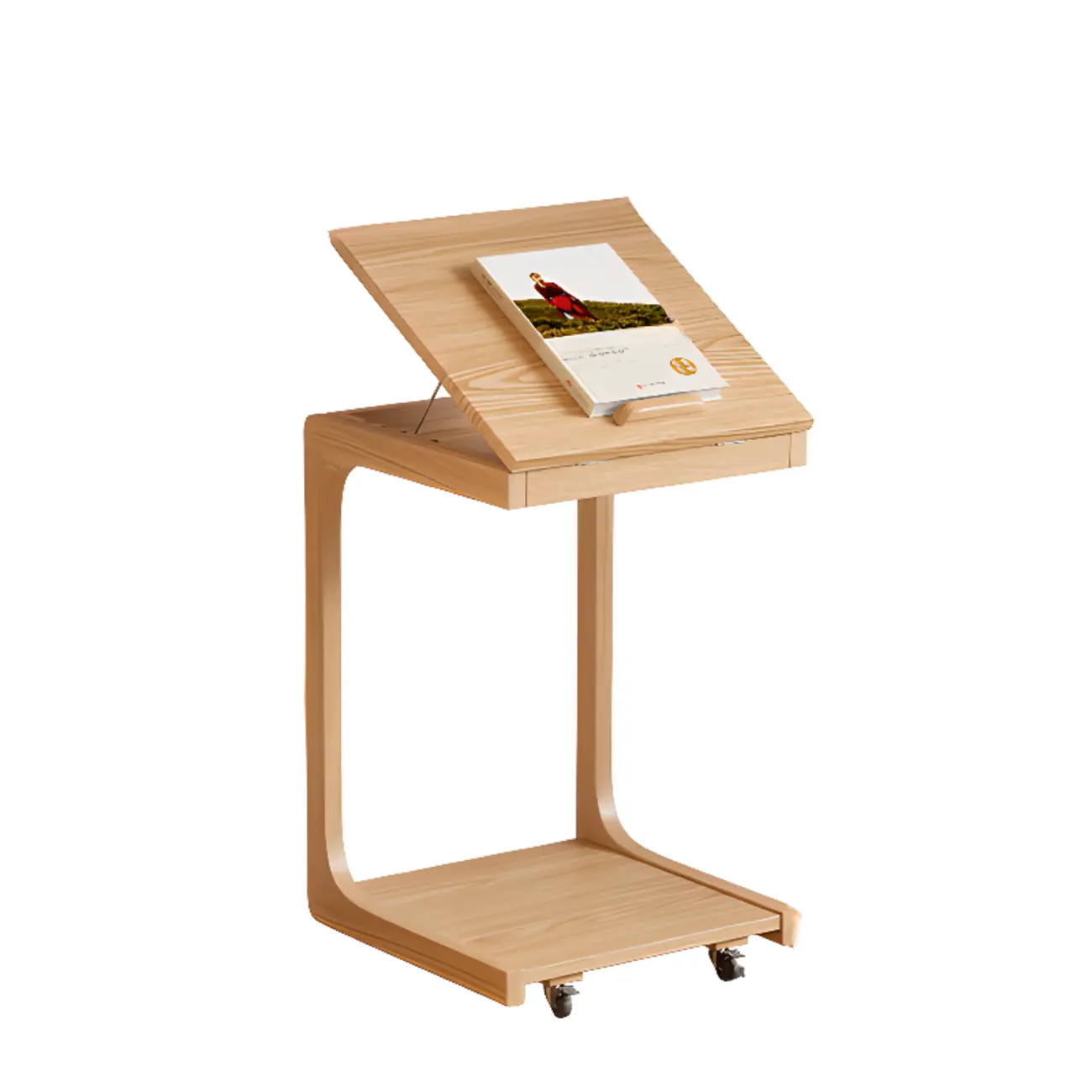 Scandinavian Wooden Flip-Top C-Shaped Side Table with Wheels Image - 9 | homeyfad
