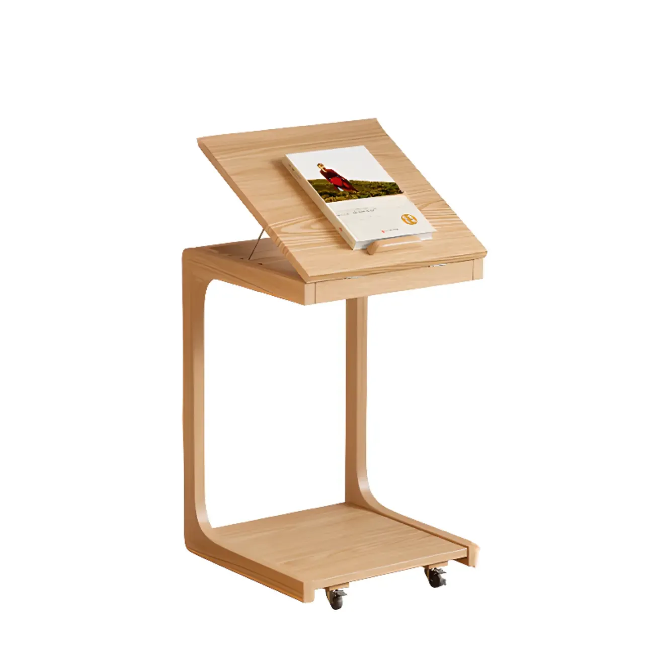 Scandinavian Wooden Flip-Top C-Shaped Side Table with Wheels Image - 9