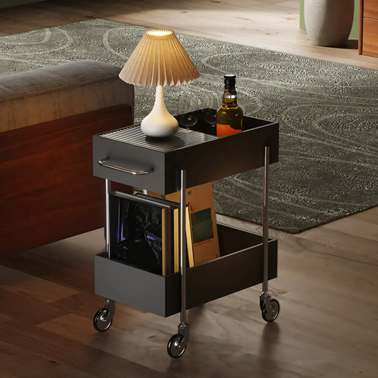 Trendy Black 2-Tier Small Side Table with Casters Image - 1