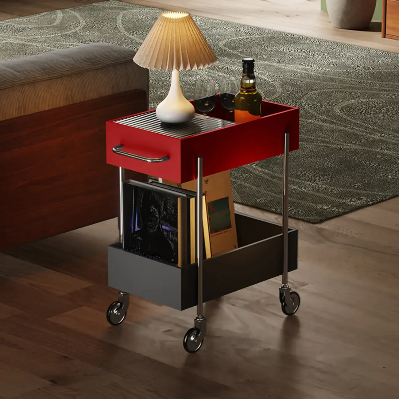 Trendy Black 2-Tier Small Side Table with Casters Image - 4