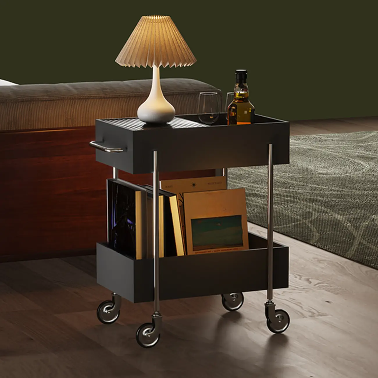 Trendy Black 2-Tier Small Side Table with Casters Image - 5 | homeyfad