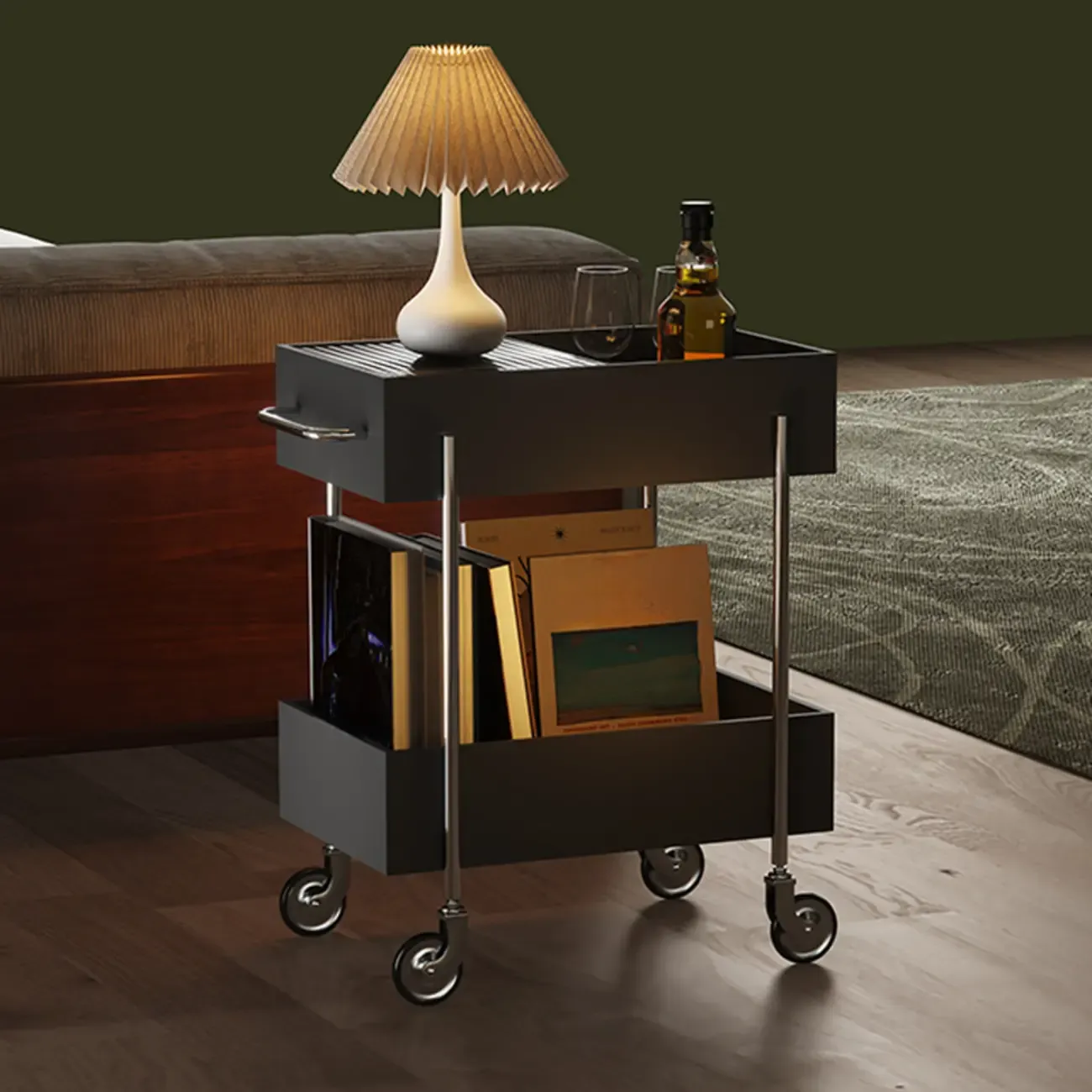 Trendy Black 2-Tier Small Side Table with Casters Image - 5
