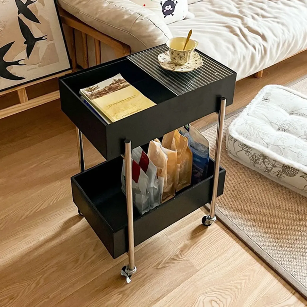 Trendy Black 2-Tier Small Side Table with Casters Image - 2