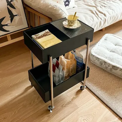 Trendy Black 2-Tier Small Side Table with Casters Image - 2