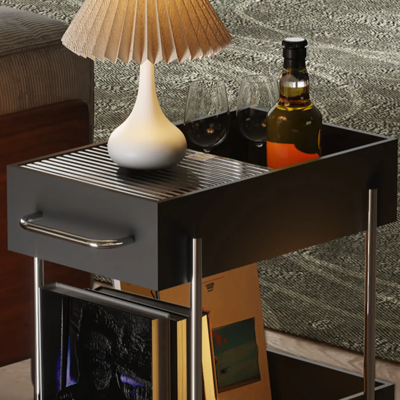 Trendy Black 2-Tier Small Side Table with Casters Image - 7 | homeyfad