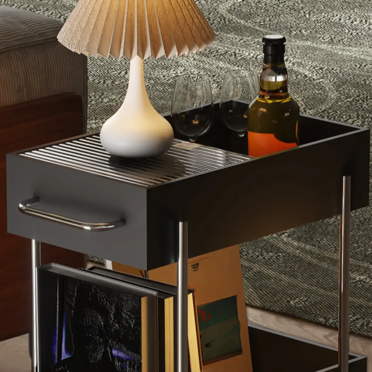 Trendy Black 2-Tier Small Side Table with Casters Image - 7