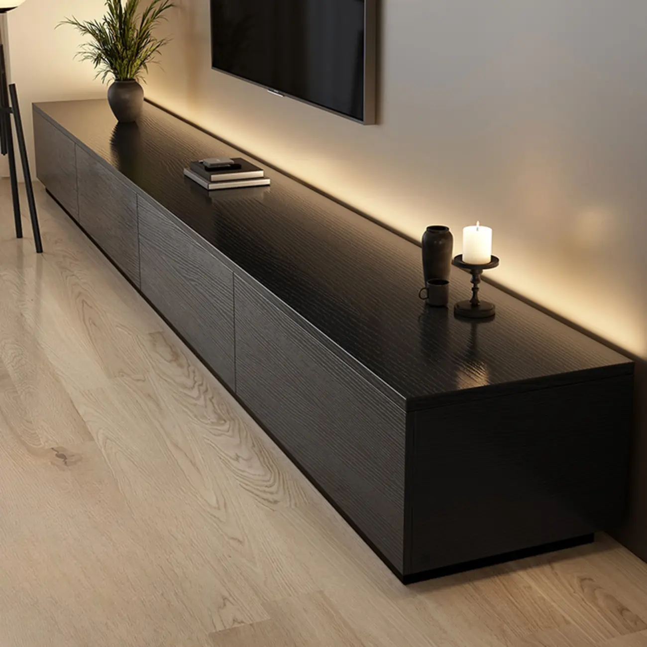 Minimalist Black Long Rectangular TV Stand with 4 Drawers Image - 1 | homeyfad