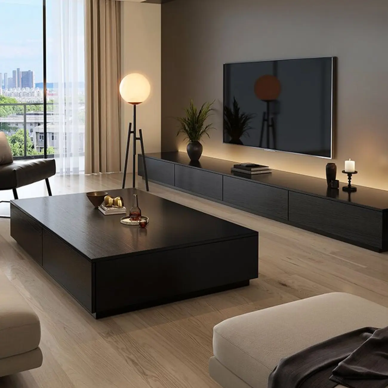 Minimalist Black Long Rectangular TV Stand with 4 Drawers Image - 3 | homeyfad