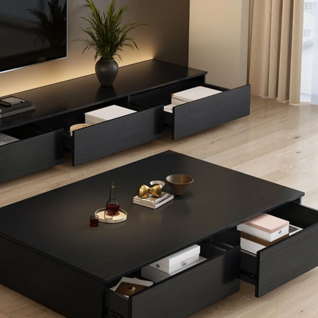 Minimalist Black Long Rectangular TV Stand with 4 Drawers Image - 9 | homeyfad
