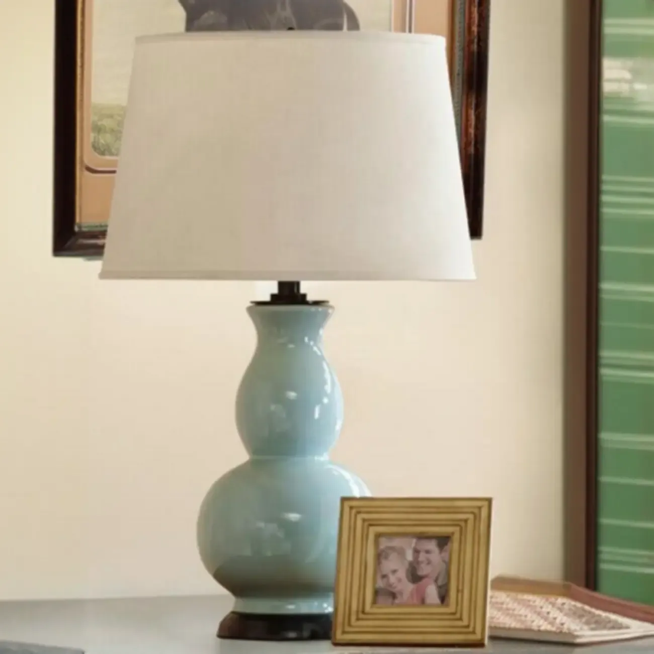 Elegant White Ceramic LED Table Lamp with Fabric Shade Image - 2