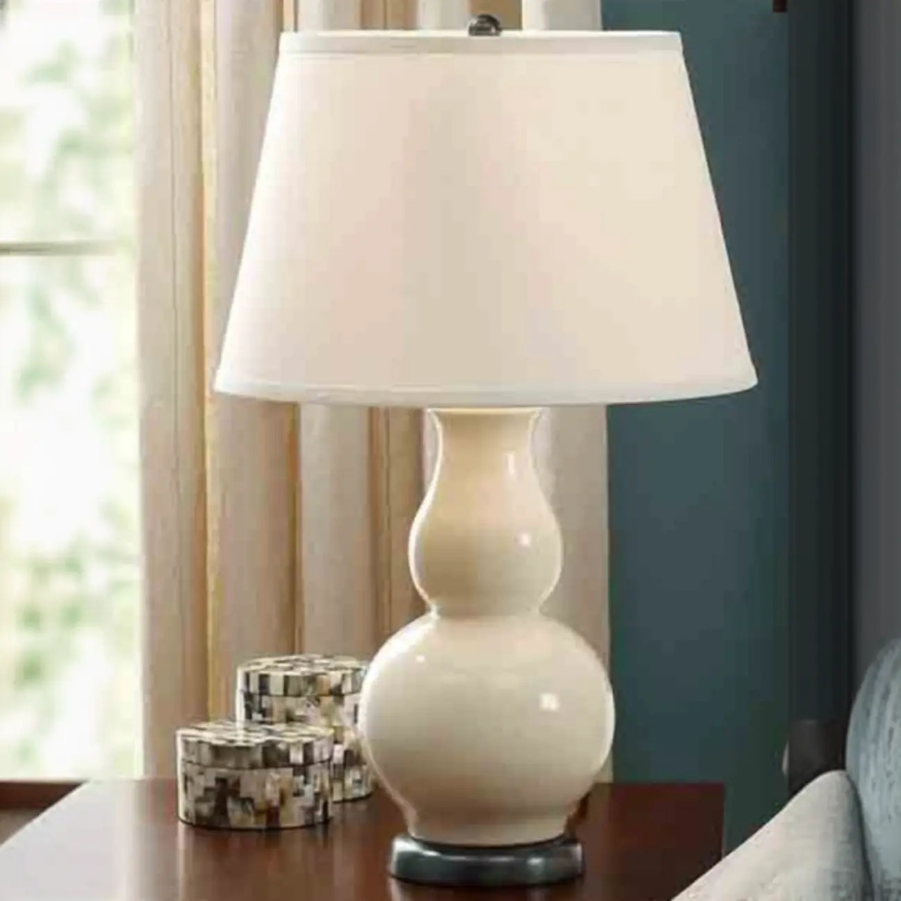 Elegant White Ceramic LED Table Lamp with Fabric Shade Image - 3 | homeyfad