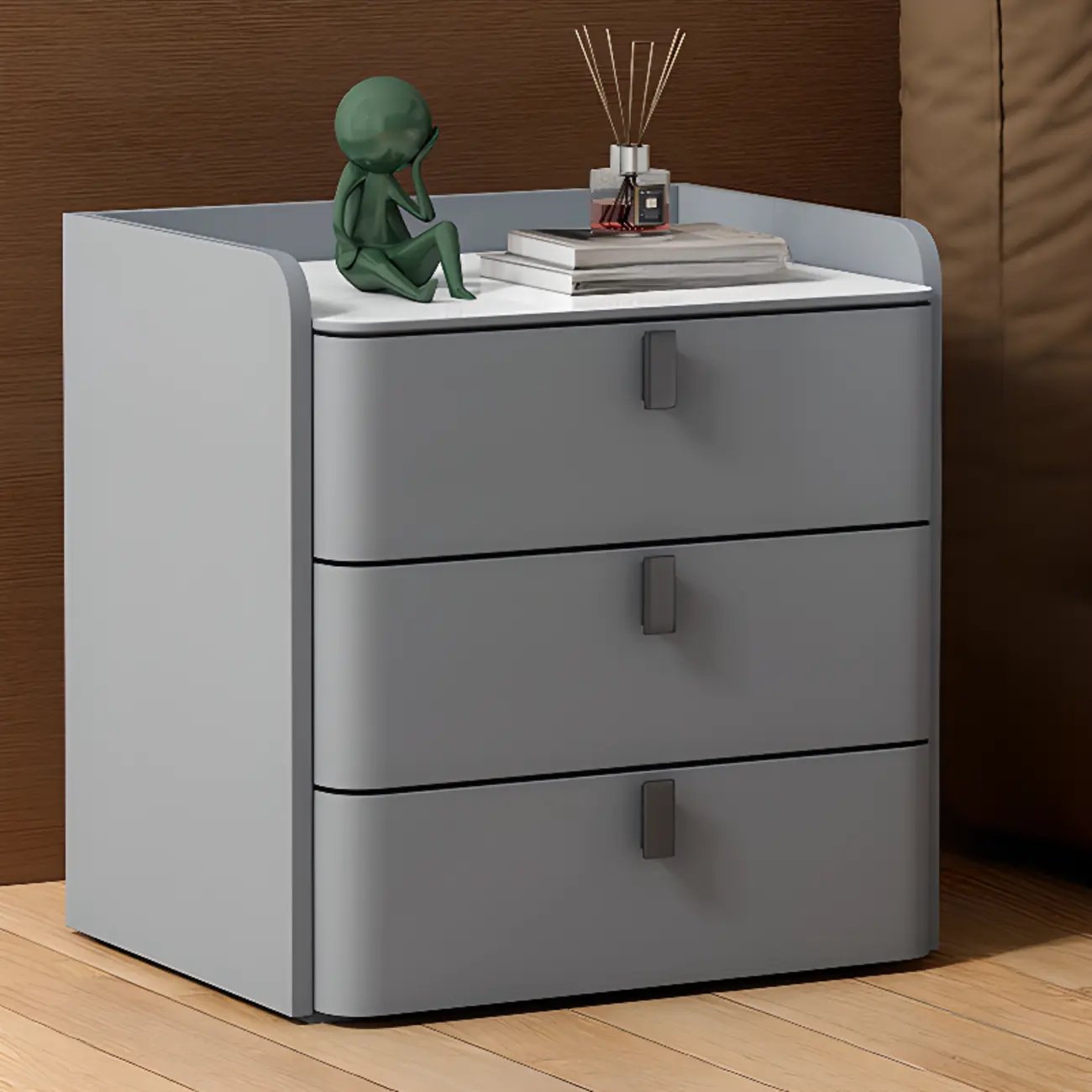Stylish Stone-Top Wooden 3-Drawer White Nightstand Image - 2 | homeyfad