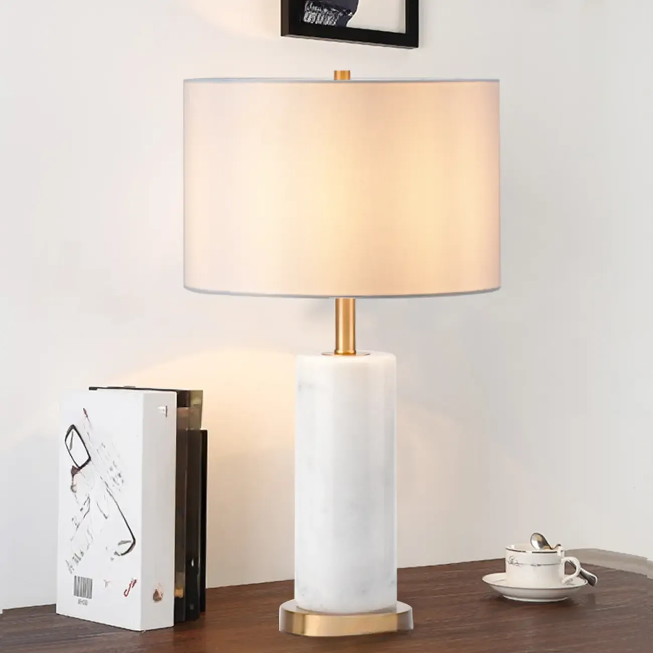 Modern Stone Table Lamp with Fabric Shade, LED Compatible Image - 1