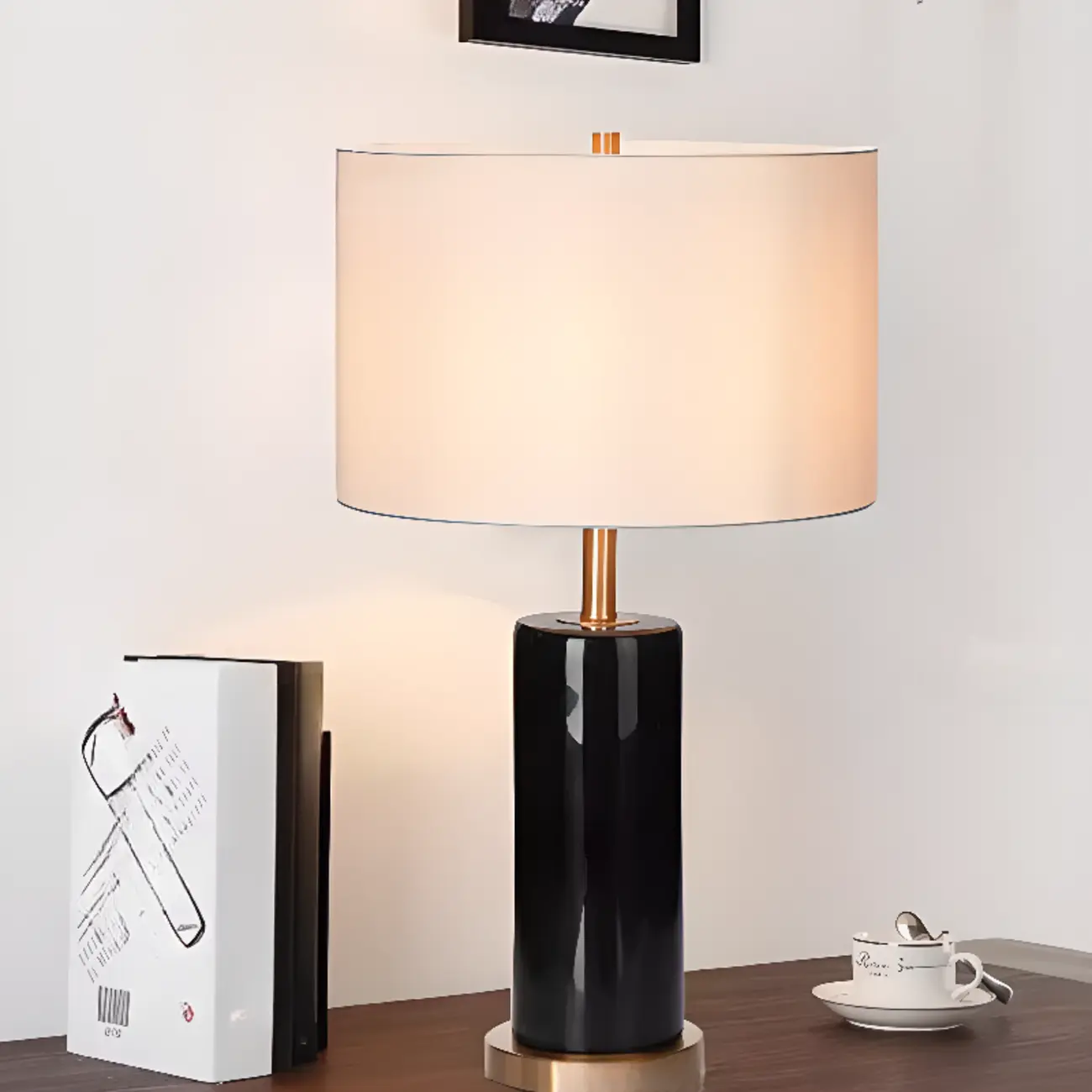 Modern Stone Table Lamp with Fabric Shade, LED Compatible Image - 6 | homeyfad