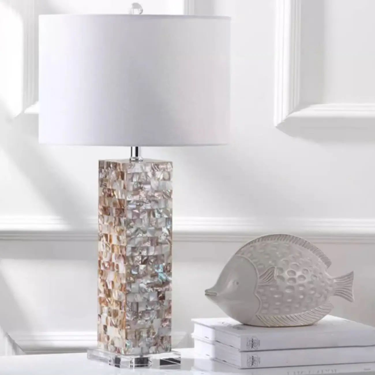 Elegant Shell Base LED Table Lamp with Linen Shade Image - 1 | homeyfad