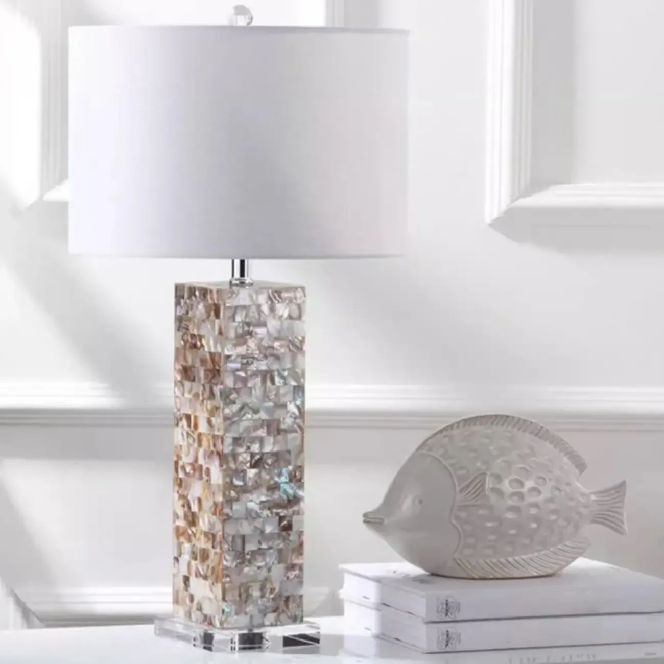 Elegant Shell Base LED Table Lamp with Linen Shade Image - 1