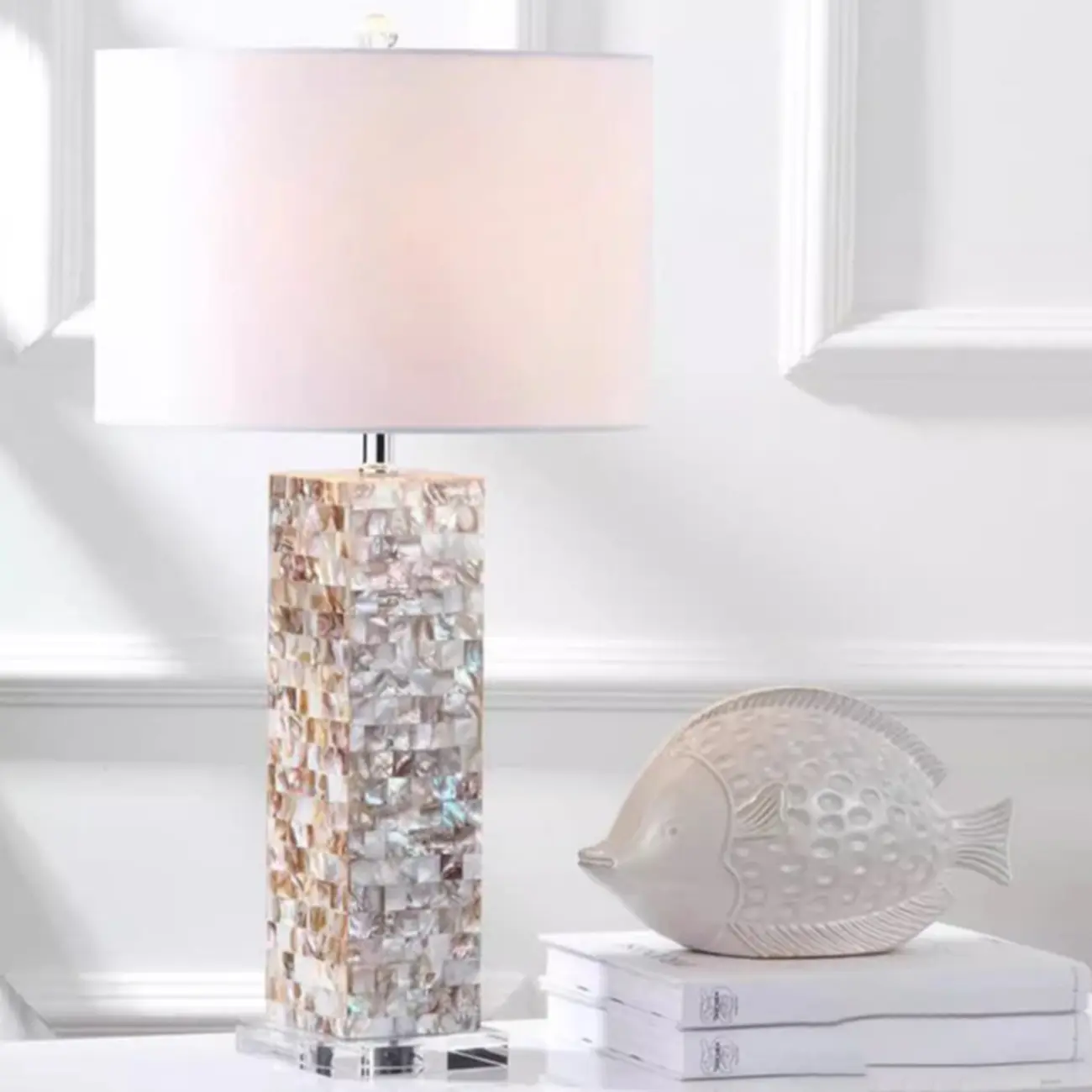 Elegant Shell Base LED Table Lamp with Linen Shade Image - 2 | homeyfad