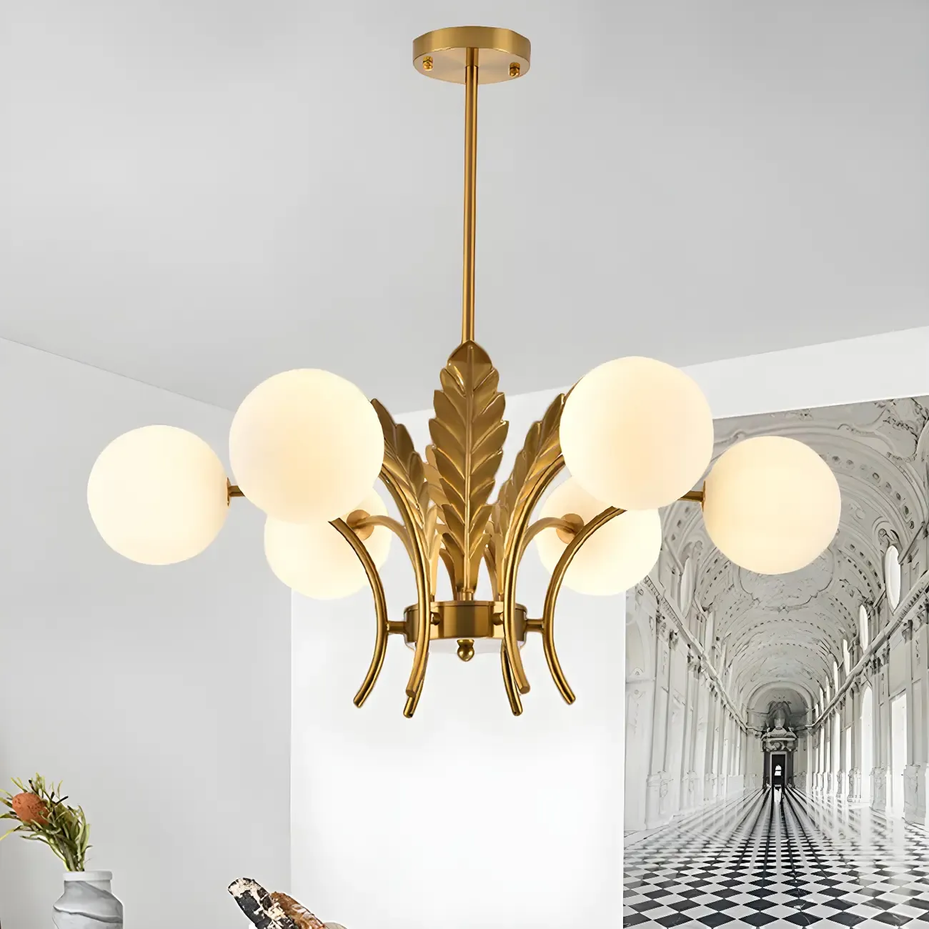 Luxury 6-light Gold Leaf Chandelier with Glass Globes Image - 1