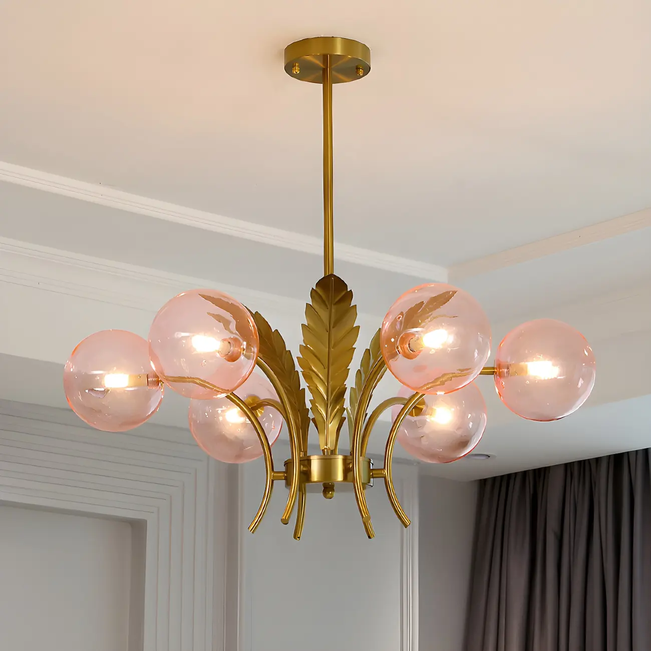 Luxury 6-light Gold Leaf Chandelier with Glass Globes Image - 4 | homeyfad