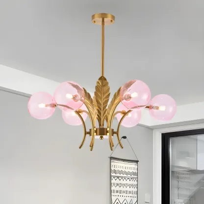 Luxury 6-light Gold Leaf Chandelier with Glass Globes Image - 5