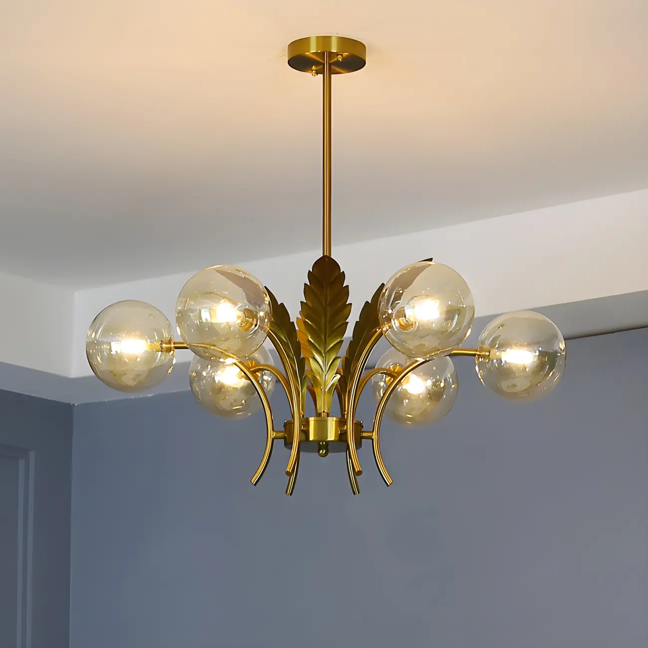 Luxury 6-light Gold Leaf Chandelier with Glass Globes Image - 8 | homeyfad