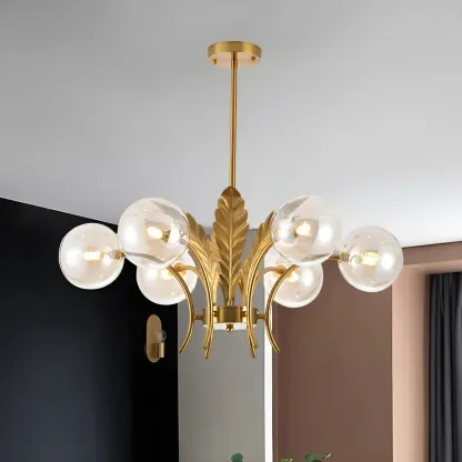 Luxury 6-light Gold Leaf Chandelier with Glass Globes Image - 9