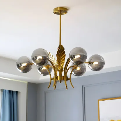 Luxury 6-light Gold Leaf Chandelier with Glass Globes Image - 12