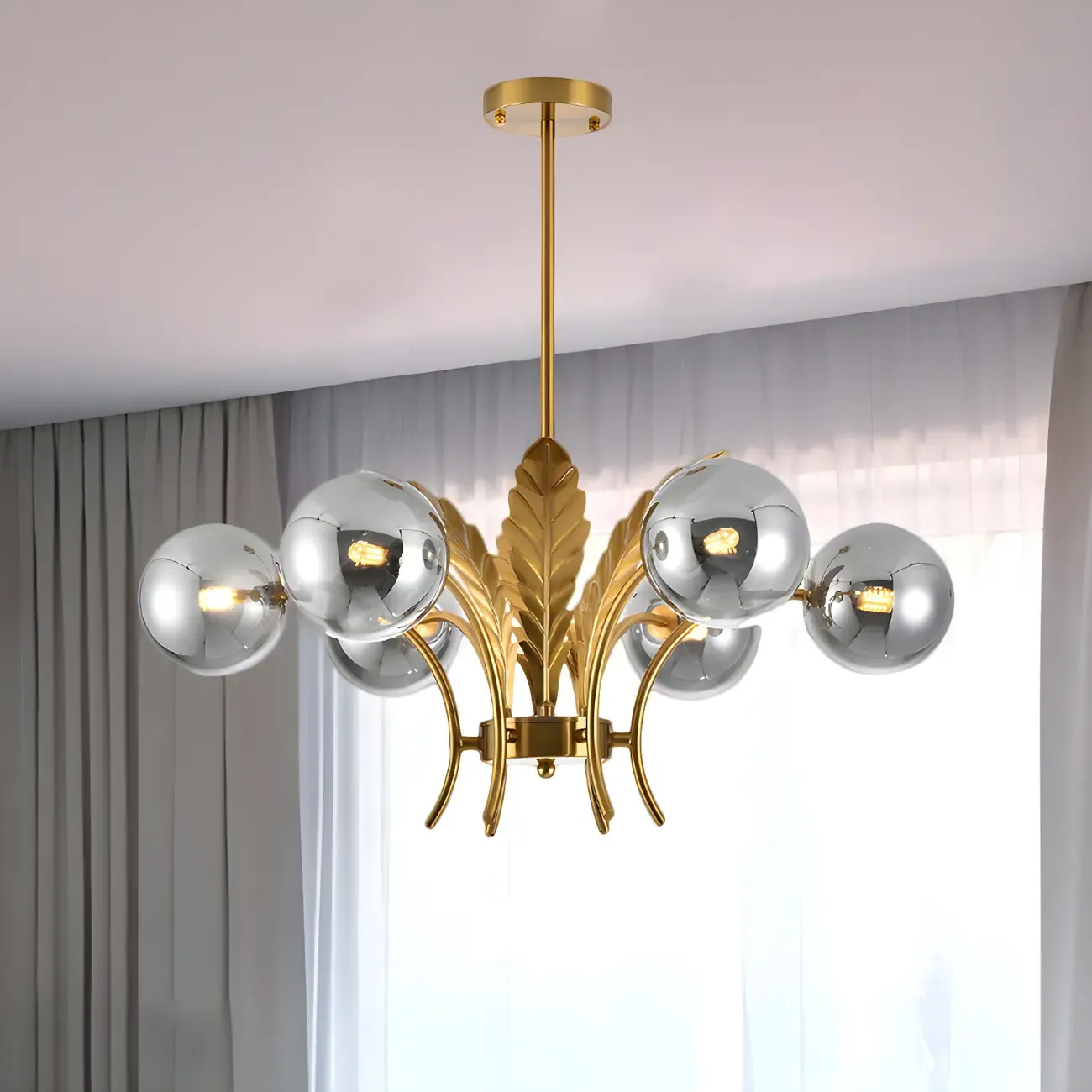 Luxury 6-light Gold Leaf Chandelier with Glass Globes Image - 13