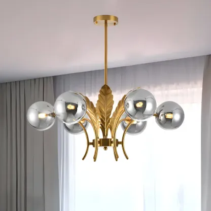 Luxury 6-light Gold Leaf Chandelier with Glass Globes Image - 13