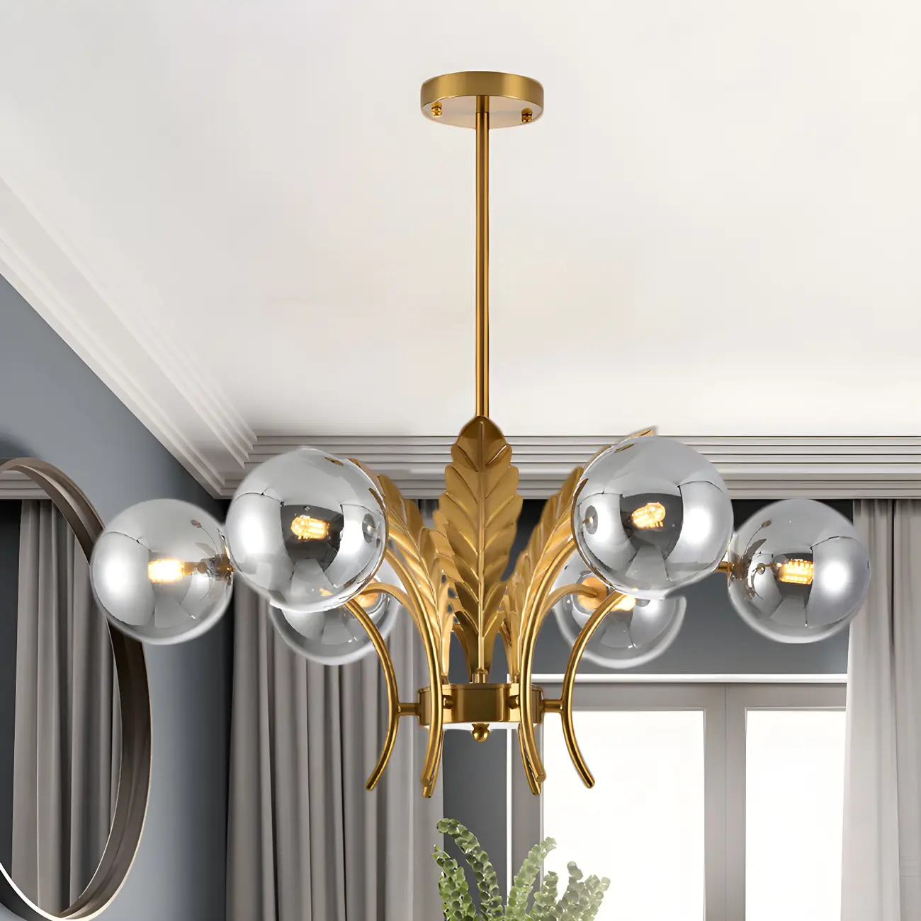 Luxury 6-light Gold Leaf Chandelier with Glass Globes Image - 14 | homeyfad