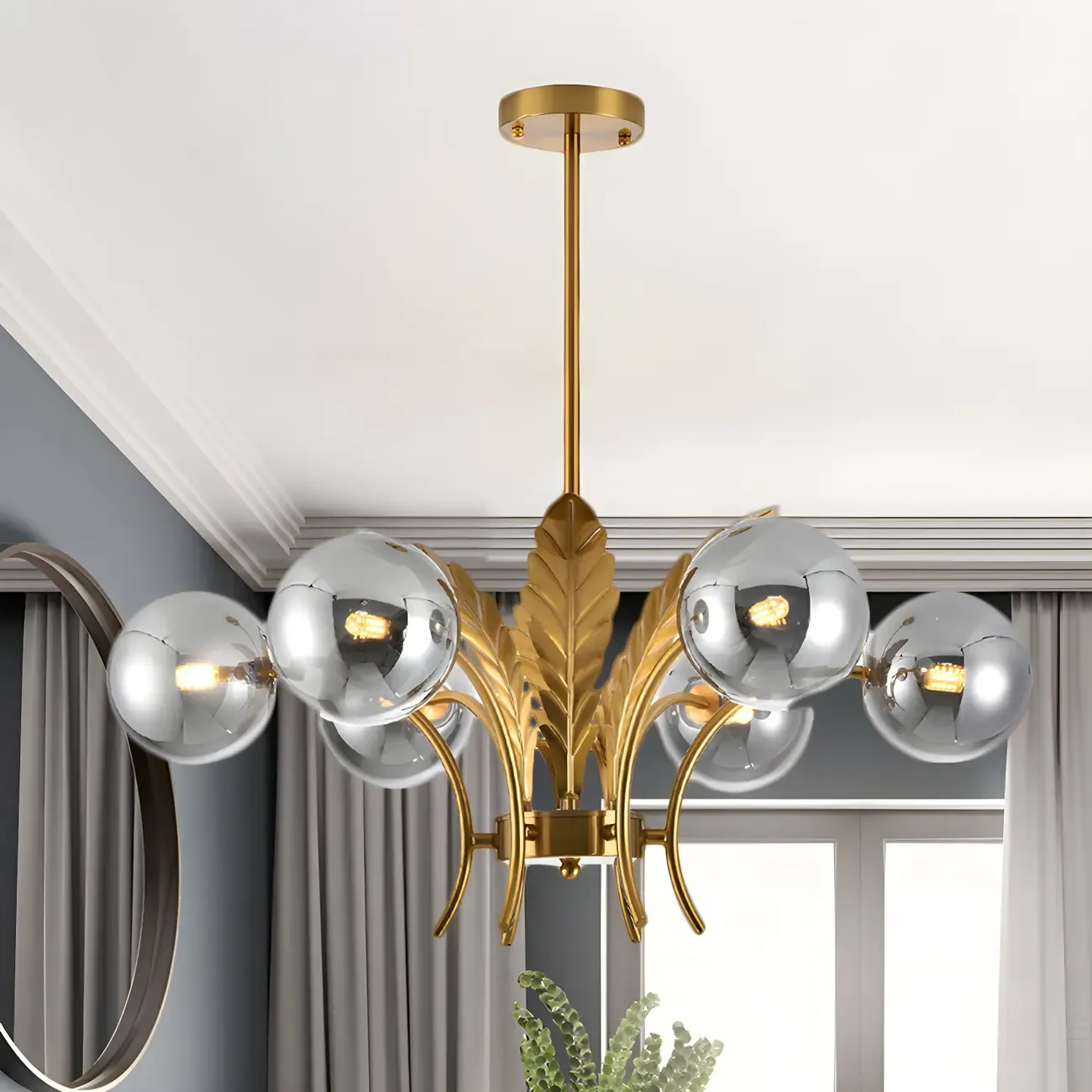 Luxury 6-light Gold Leaf Chandelier with Glass Globes Image - 14
