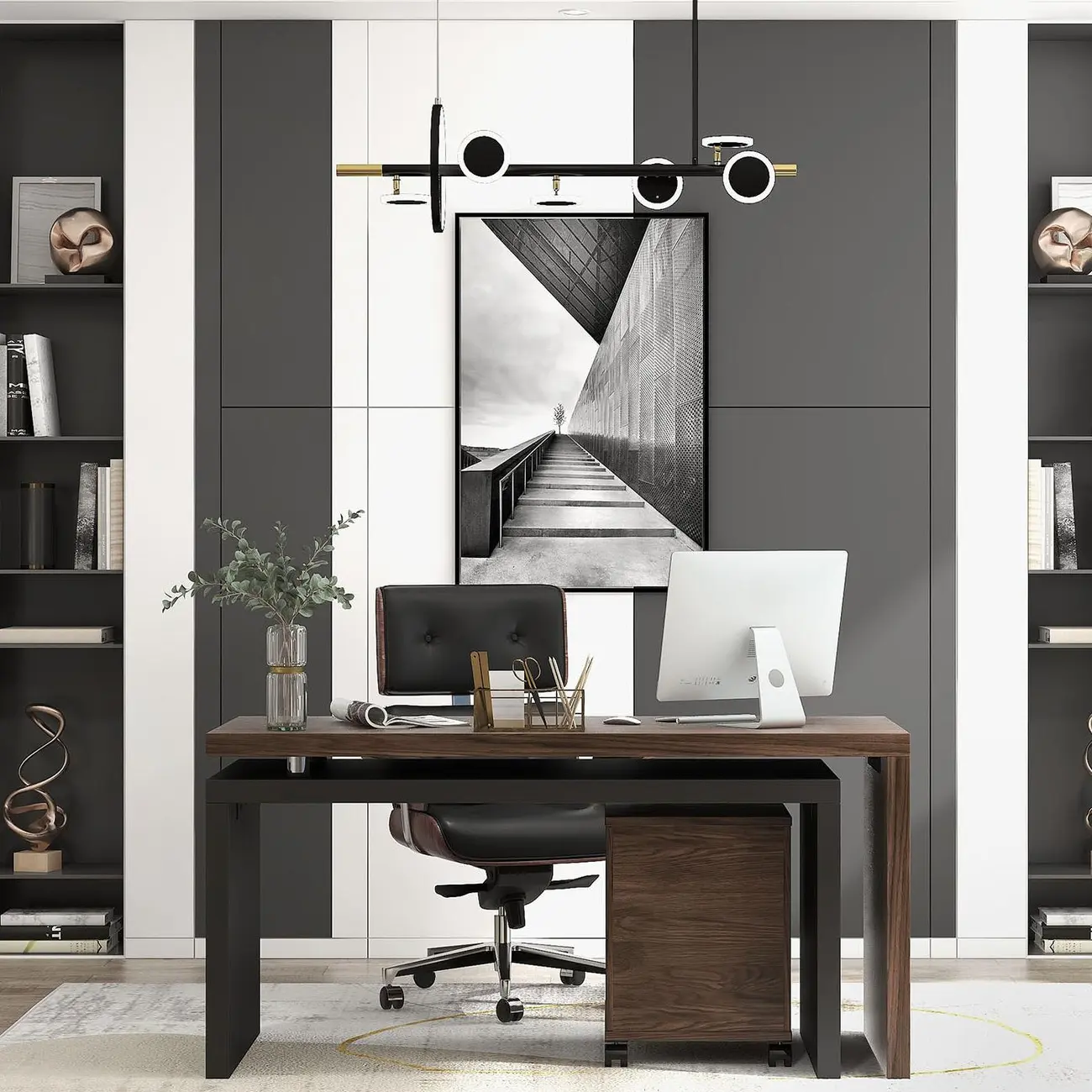 Black Wooden Adjustable Height Swivel Upholstered Desk Chair Home Office Image - 6 | homeyfad