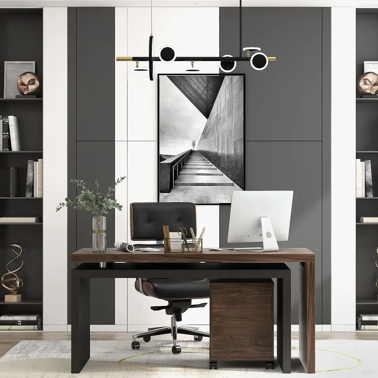 Black Wooden Adjustable Height Swivel Upholstered Desk Chair Home Office Image - 6