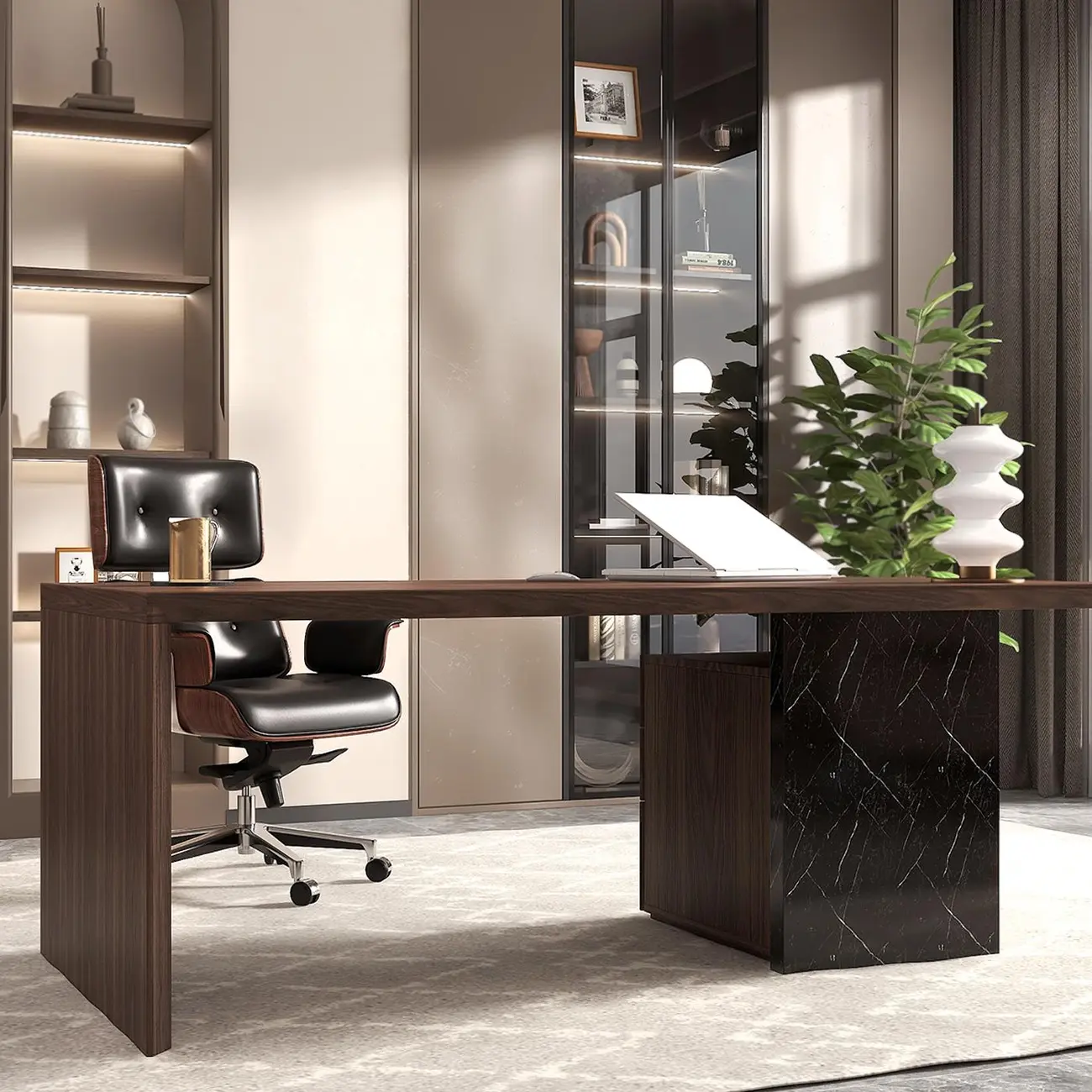 Black Wooden Adjustable Height Swivel Upholstered Desk Chair Home Office Image - 10 | homeyfad