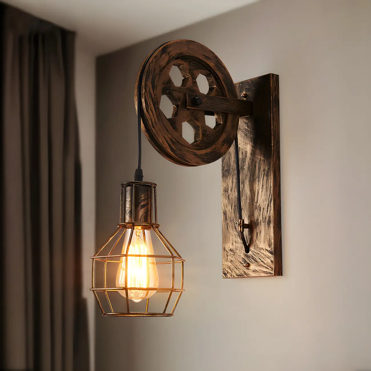 Industrial Bronze Cage Wall Sconce with Pulley & Swing Arm Image - 1 | homeyfad