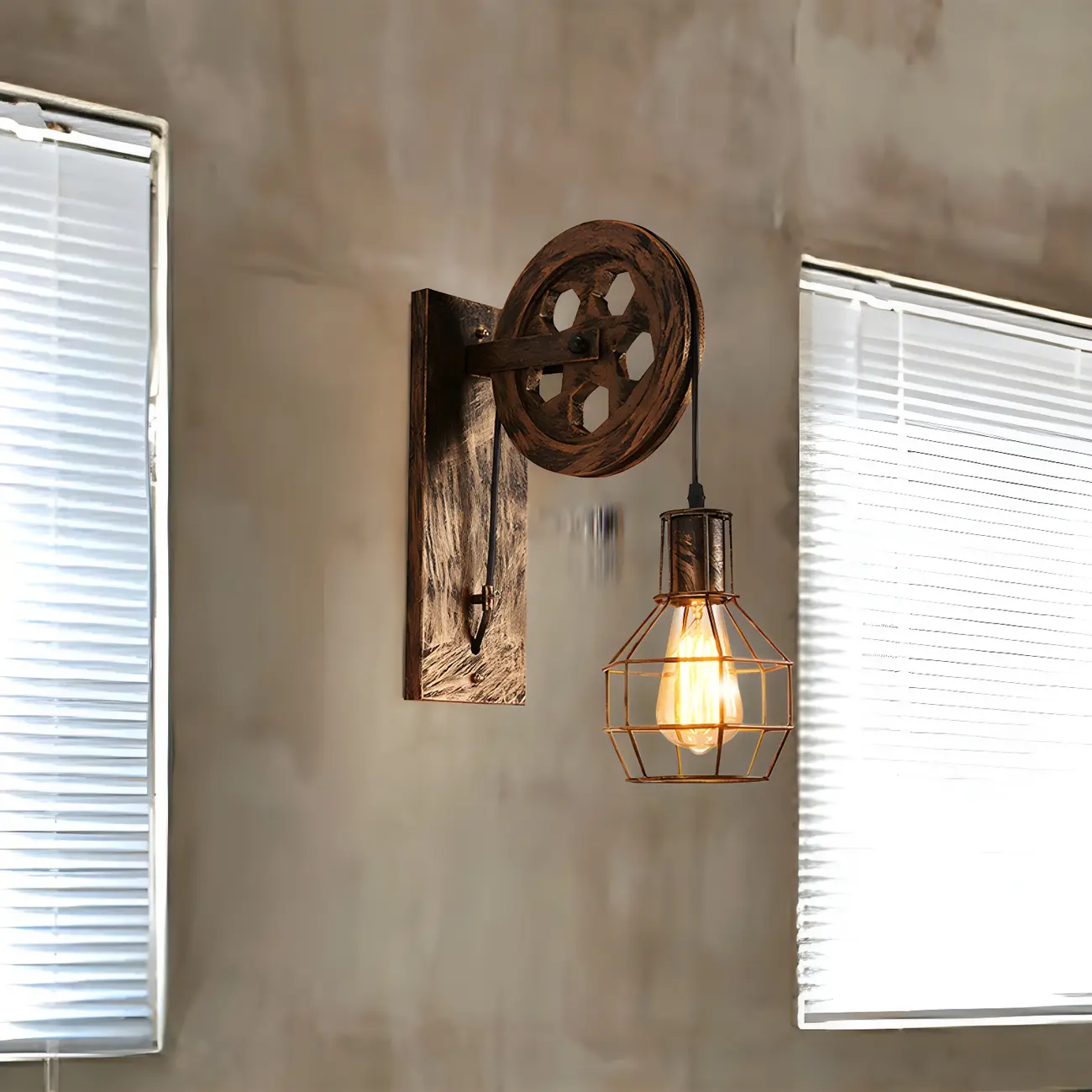 Industrial Bronze Cage Wall Sconce with Pulley & Swing Arm Image - 3 | homeyfad