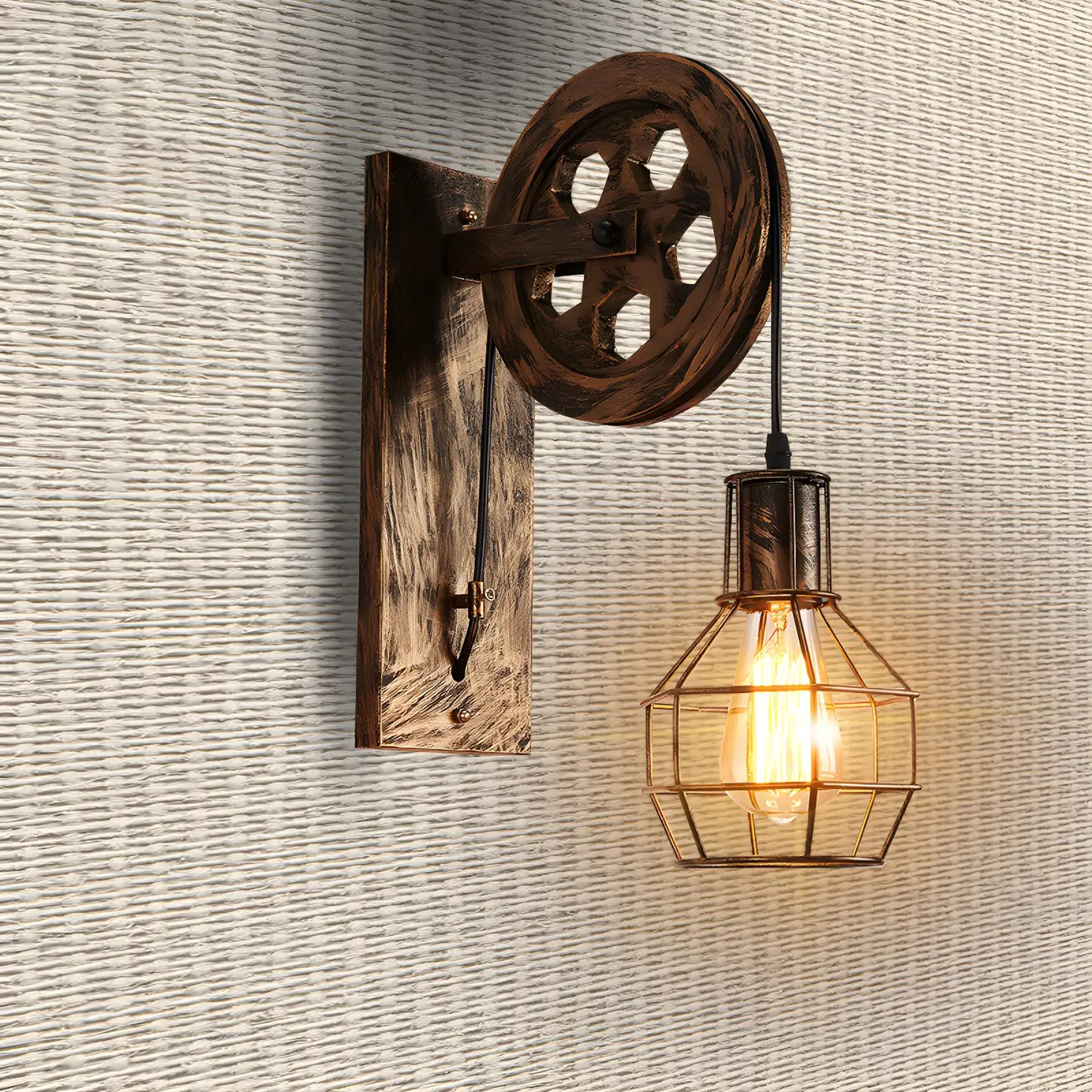 Industrial Bronze Cage Wall Sconce with Pulley & Swing Arm Image - 2 | homeyfad