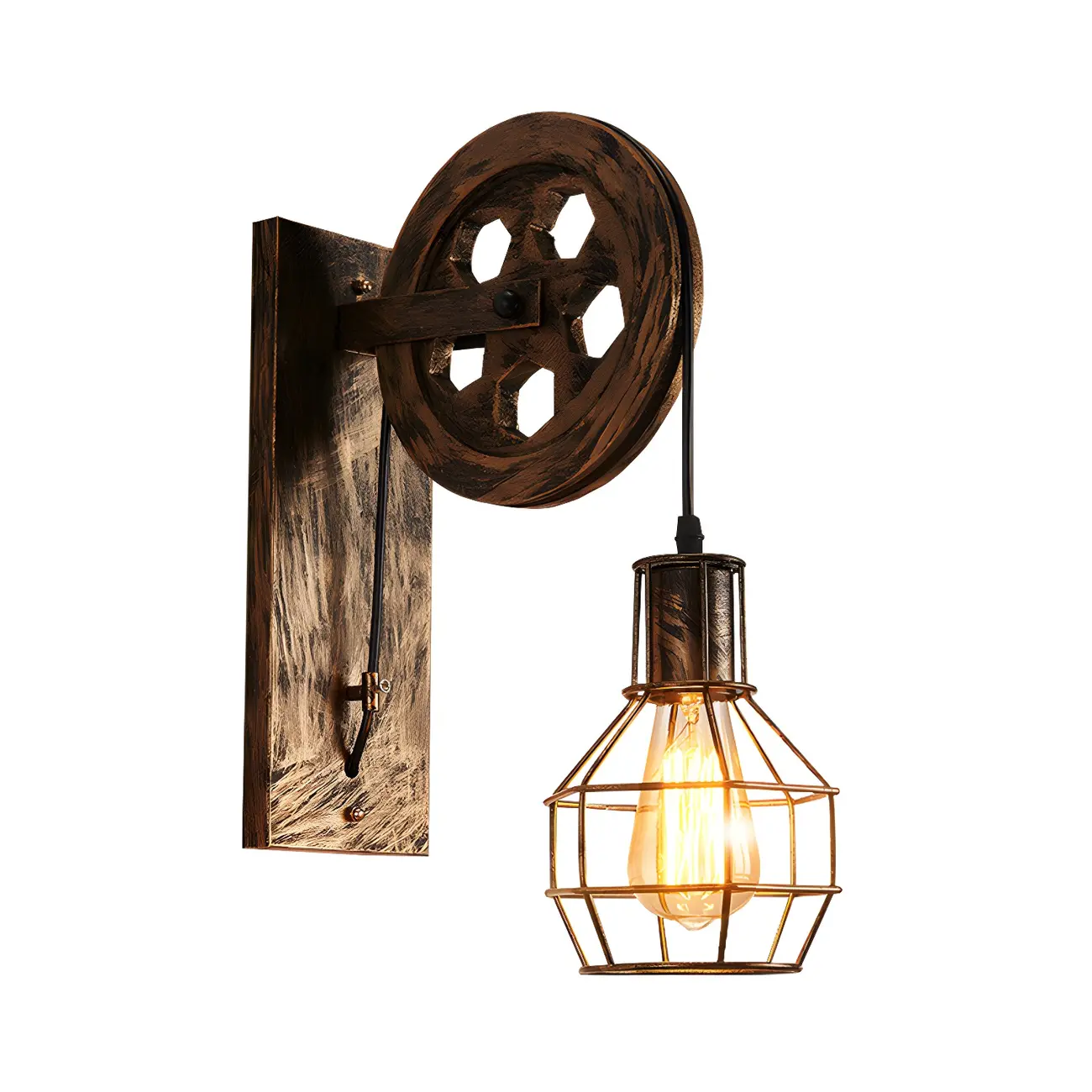Industrial Bronze Cage Wall Sconce with Pulley & Swing Arm Image - 4 | homeyfad