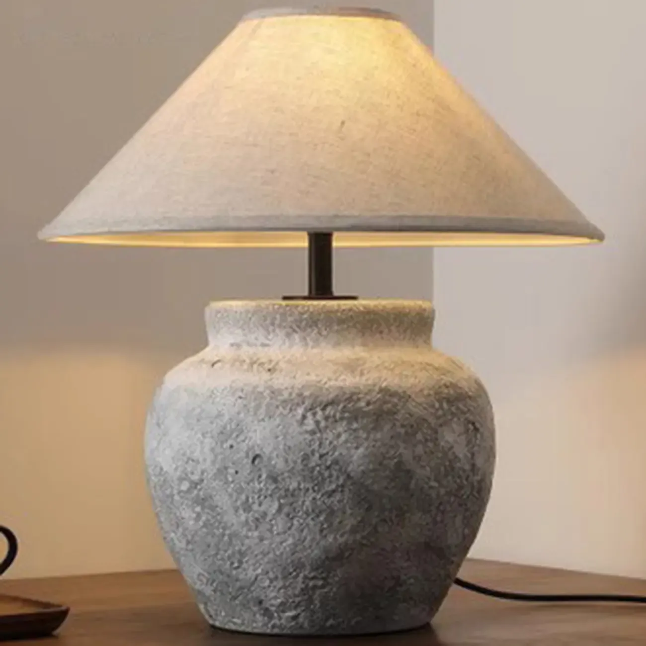 Modern Geometric Ceramic LED Desk Lamp with Fabric Shade Image - 1