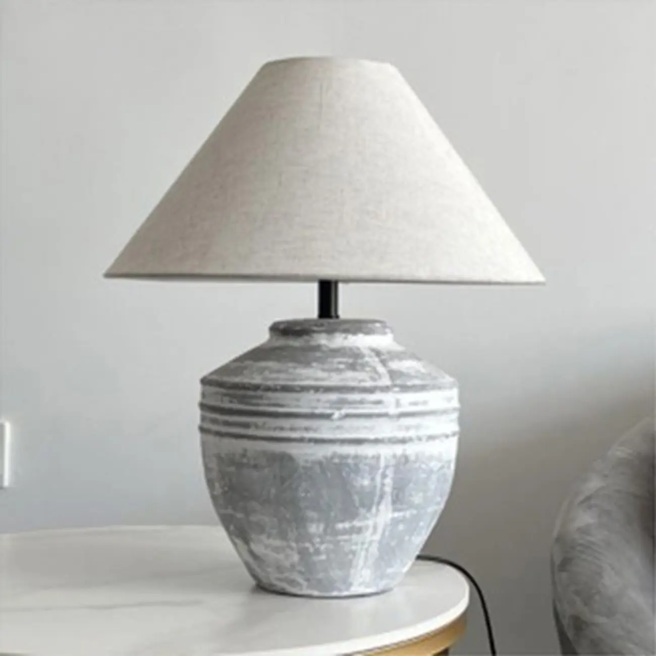 Modern Geometric Ceramic LED Desk Lamp with Fabric Shade Image - 3 | homeyfad