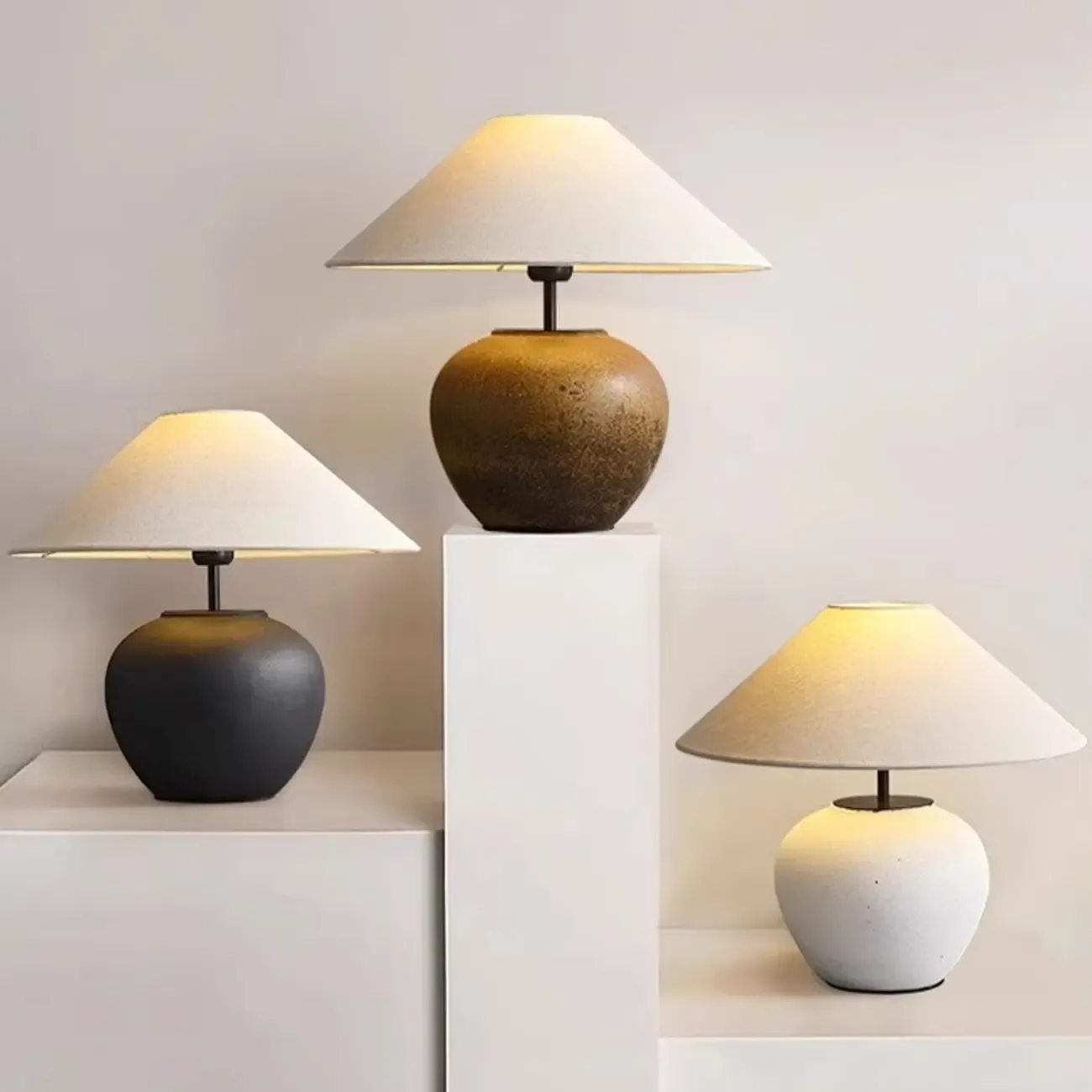 White Ceramic LED Table Lamp with Fabric Shade Image - 4