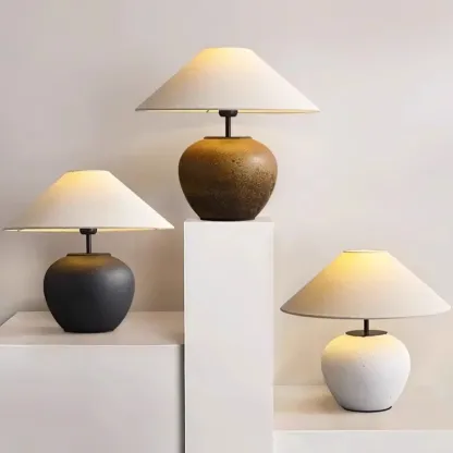 White Ceramic LED Table Lamp with Fabric Shade Image - 4